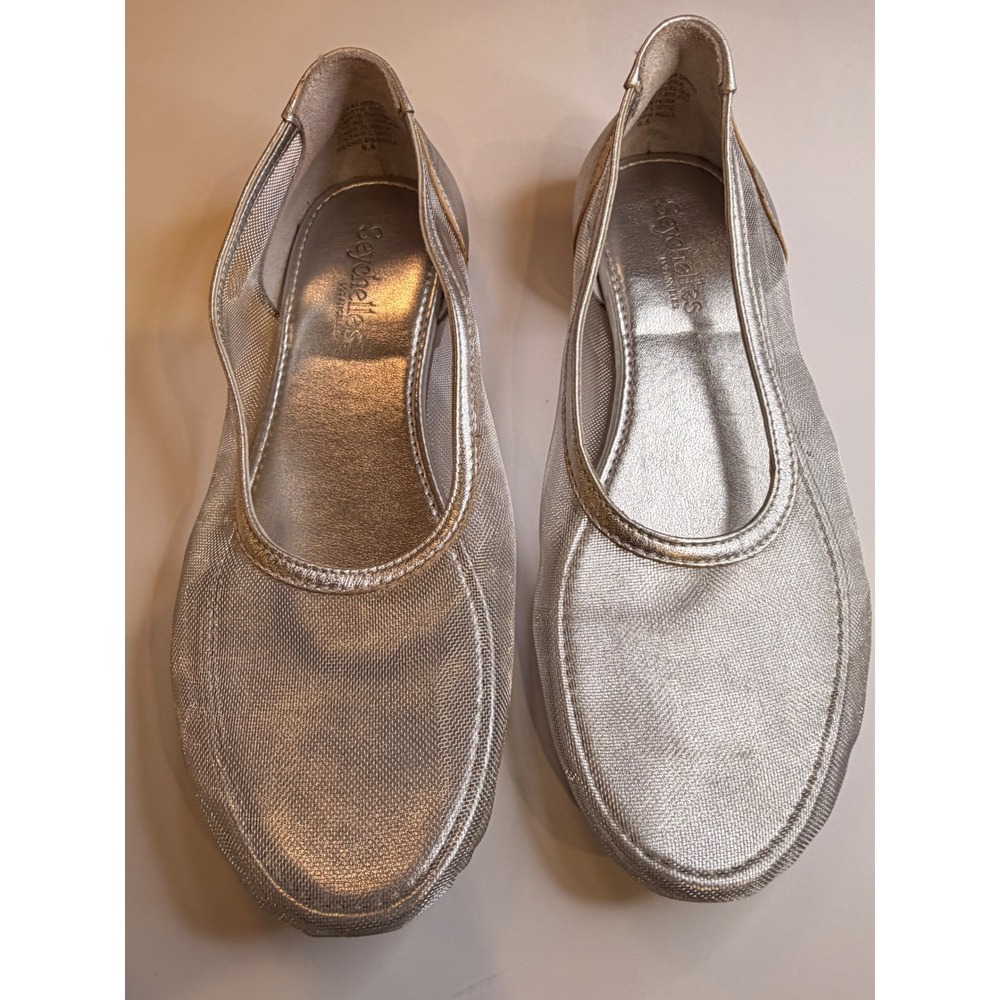 Seychelles Silver Metallic Mesh Ballet Flats Round Toe Leather Trim Womens 6.5